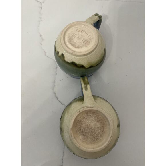 Vintage Studio Art Pottery Mugs Signed Drip Glazed Blue/Green 2 Matching - Picture 5 of 5